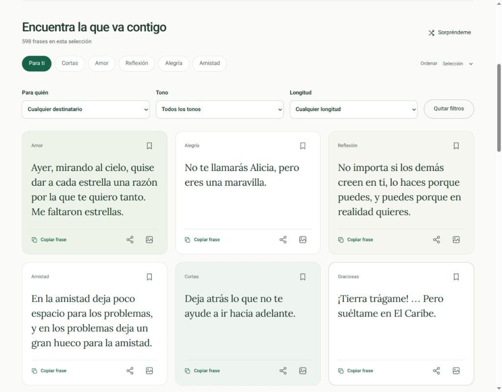 Tarjetas de MisEstados con los botones de copiar, compartir y crear imagen.