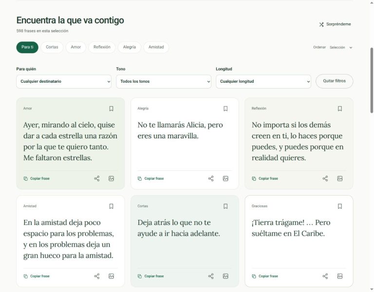 Tarjetas de MisEstados con los botones de copiar, compartir y crear imagen.
