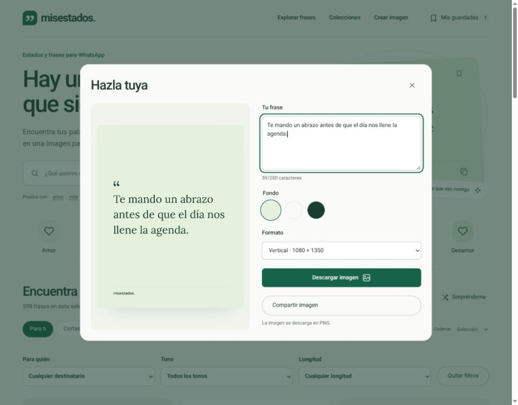 Editor de MisEstados con el texto, los fondos y los formatos de imagen.