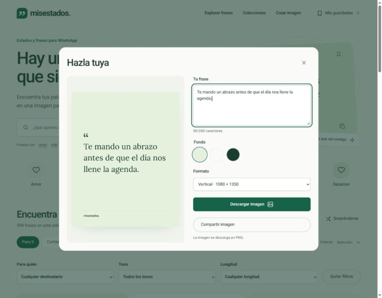 Editor de MisEstados con el texto, los fondos y los formatos de imagen.