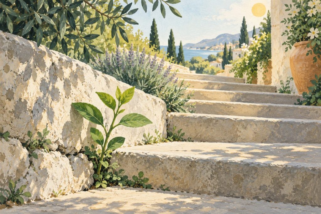 Una planta crece junto a unos escalones de piedra iluminados por el sol.